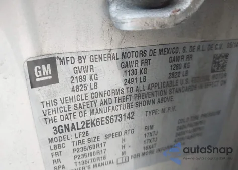 2014 Chevrolet Captiva Sport 2Ls из США, поврежденный, VIN 3GNAL2EK6ES673142